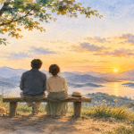 벤치에 나란히 앉아 같은 곳을 바라보는 두 사람을 그린 수채화 — 마음은 논쟁이 아니라 함께한 시간으로 얻어진다는 뜻을 담은 일러스트