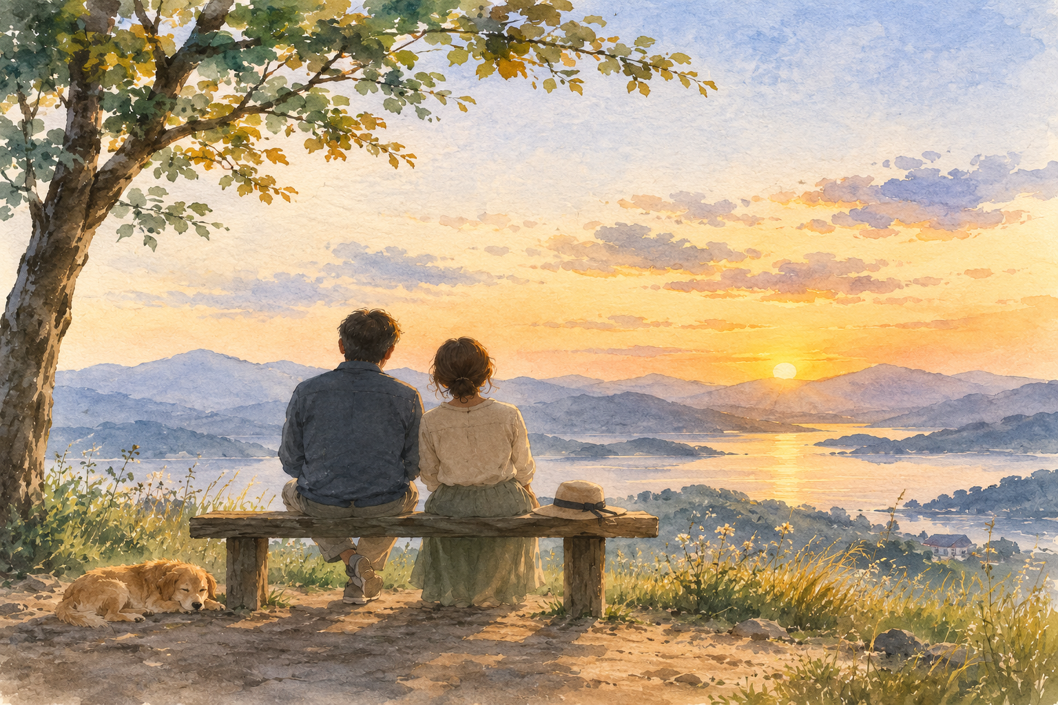 벤치에 나란히 앉아 같은 곳을 바라보는 두 사람을 그린 수채화 — 마음은 논쟁이 아니라 함께한 시간으로 얻어진다는 뜻을 담은 일러스트